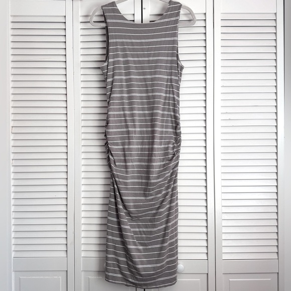 Athleta Comeback Tank Midi Dress Gray White Stripe Ruching Size L - Picture 2 of 9